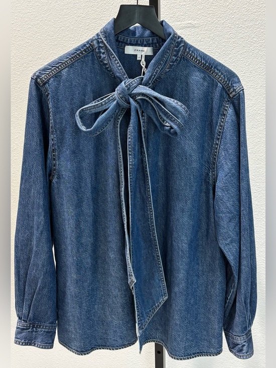Frame Denim Tops - Frame Denim Blue Denim Tie-Neck Button-Down Shirt
